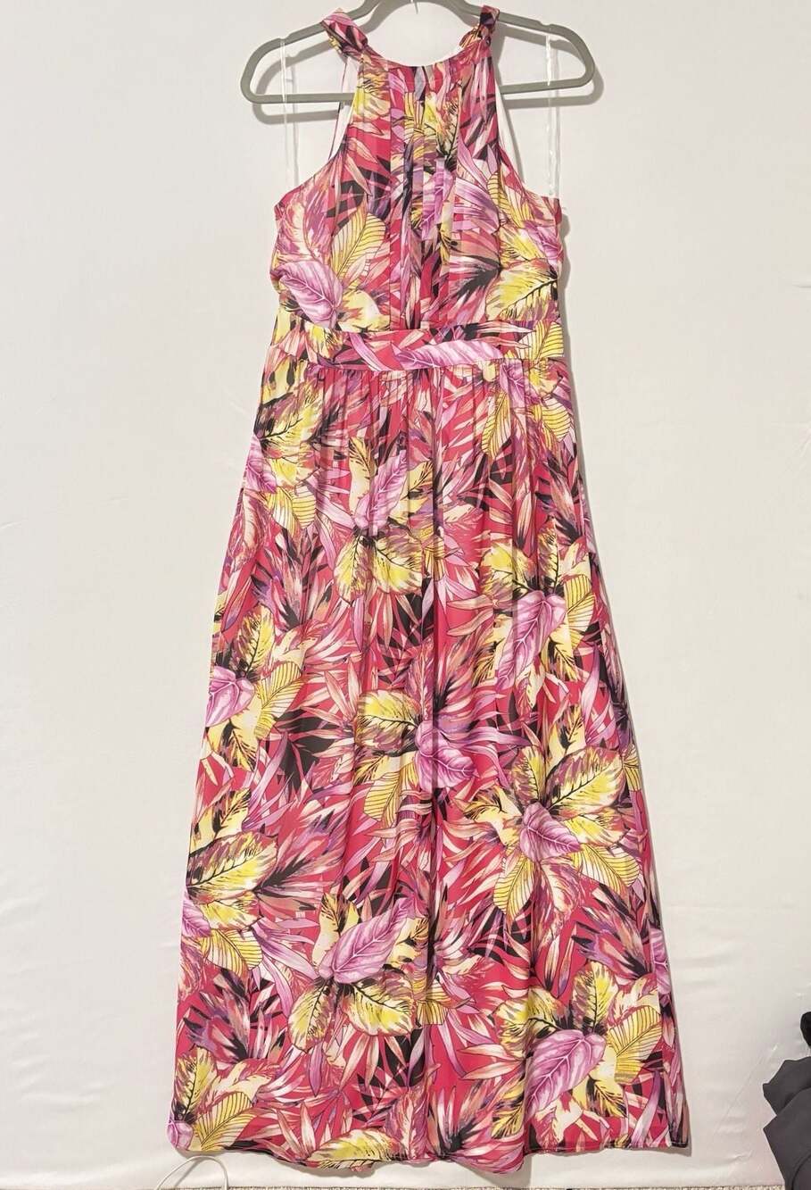 Anne Klein Tropical Floral Halter Maxi Dress Pink Yellow Size 8 Sleeveless Vacat